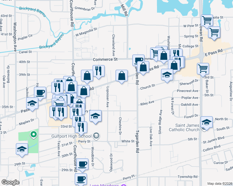 map of restaurants, bars, coffee shops, grocery stores, and more near 704 Layton Drive in Gulfport