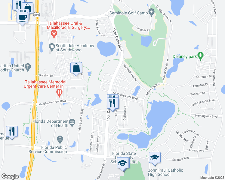 map of restaurants, bars, coffee shops, grocery stores, and more near 3781 Four Oaks Boulevard in Tallahassee
