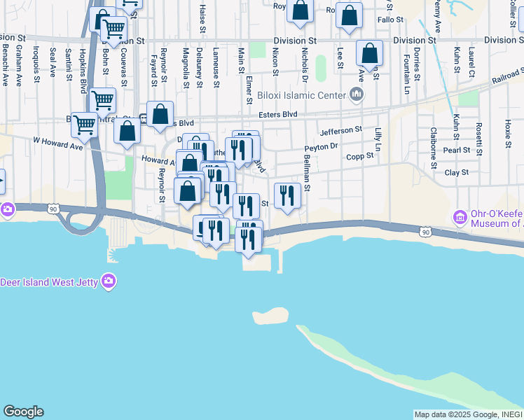 map of restaurants, bars, coffee shops, grocery stores, and more near 101-127 Dukate Street in Biloxi