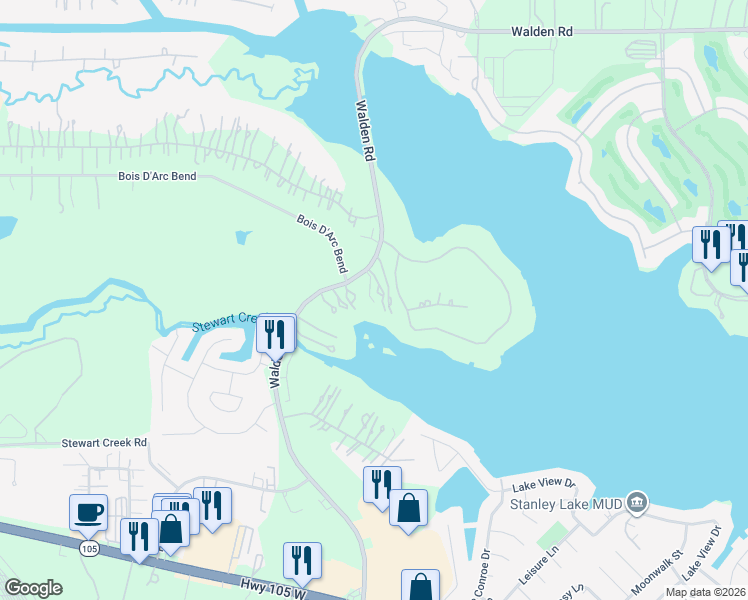 map of restaurants, bars, coffee shops, grocery stores, and more near 16047 Walden Road in Montgomery