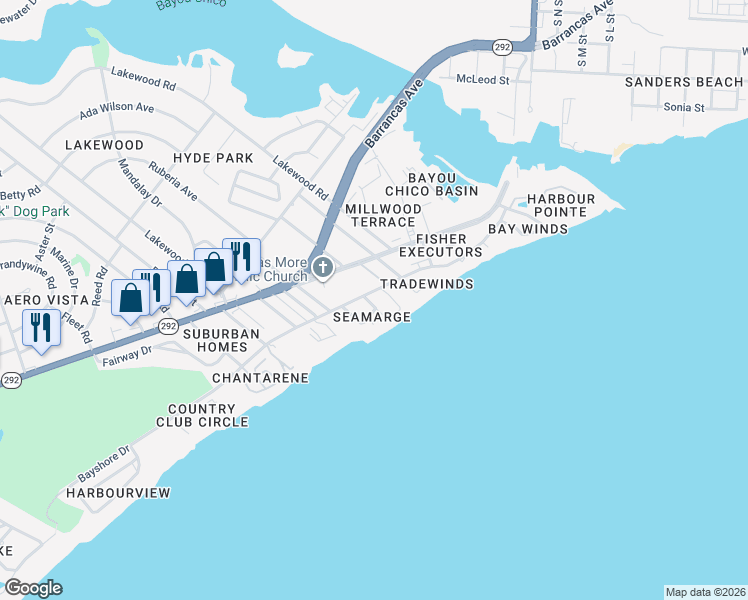 map of restaurants, bars, coffee shops, grocery stores, and more near 412 Bayshore Drive in Pensacola