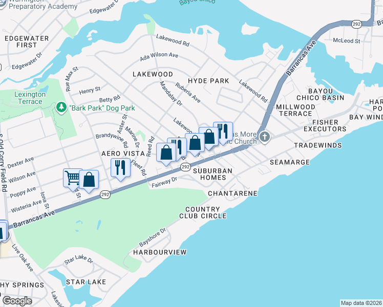 map of restaurants, bars, coffee shops, grocery stores, and more near 12 Milton Road in Pensacola