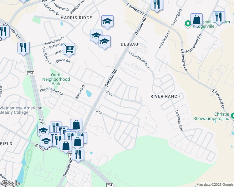 map of restaurants, bars, coffee shops, grocery stores, and more near 12609 Dessau Road in Austin