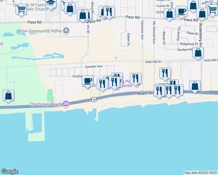 map of restaurants, bars, coffee shops, grocery stores, and more near 1800 Mary Helen Street in Biloxi