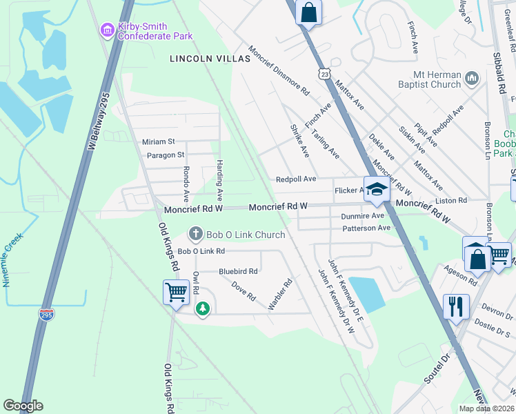 map of restaurants, bars, coffee shops, grocery stores, and more near 6207 Moncrief Road West in Jacksonville