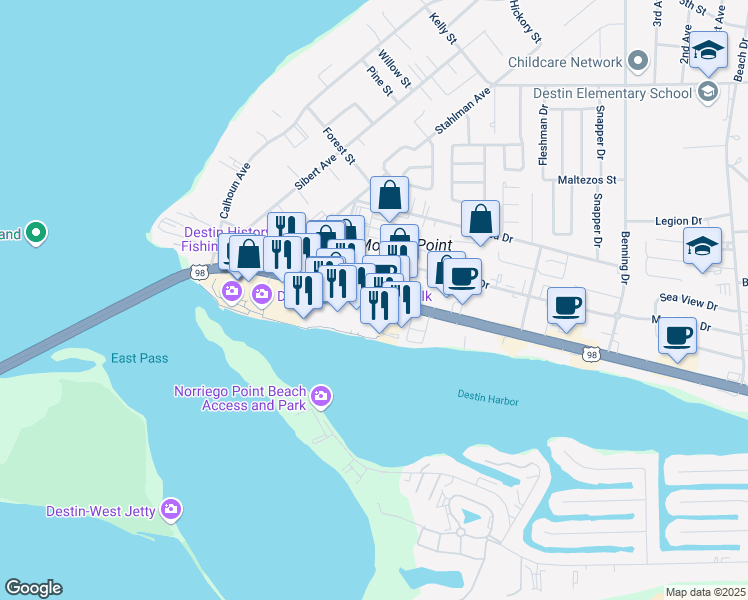 map of restaurants, bars, coffee shops, grocery stores, and more near 214 Harbor Boulevard in Destin