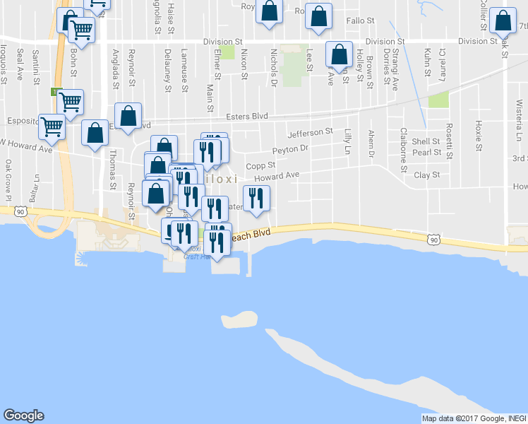 map of restaurants, bars, coffee shops, grocery stores, and more near 617 Water Street in Biloxi