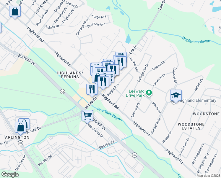map of restaurants, bars, coffee shops, grocery stores, and more near 267 Burgin Avenue in Baton Rouge
