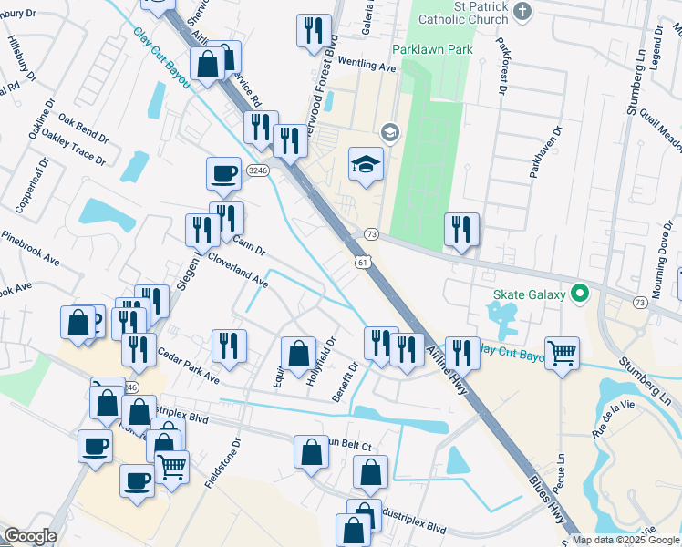 map of restaurants, bars, coffee shops, grocery stores, and more near 11730 Airline Highway in Baton Rouge