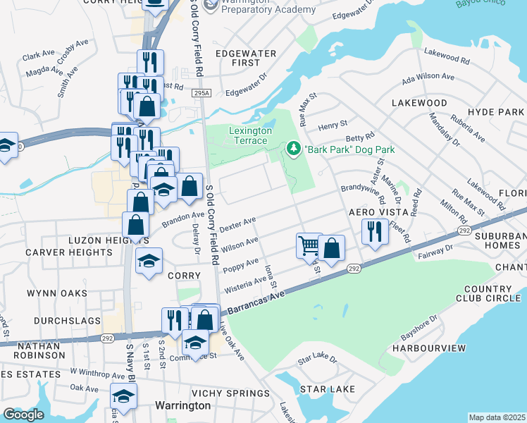 map of restaurants, bars, coffee shops, grocery stores, and more near 1318 Dexter Avenue in Pensacola