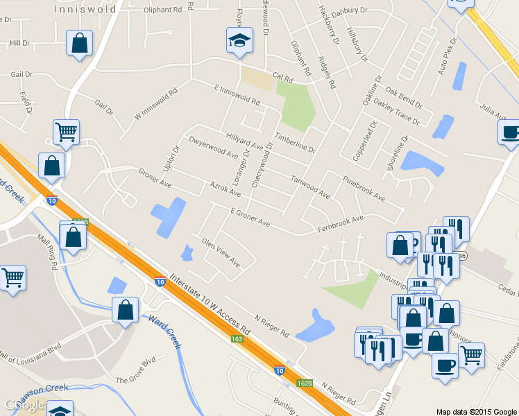 map of restaurants, bars, coffee shops, grocery stores, and more near 10230 Azrok Ave in Baton Rouge