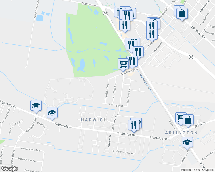 map of restaurants, bars, coffee shops, grocery stores, and more near 4544 Tigerland Avenue in Baton Rouge