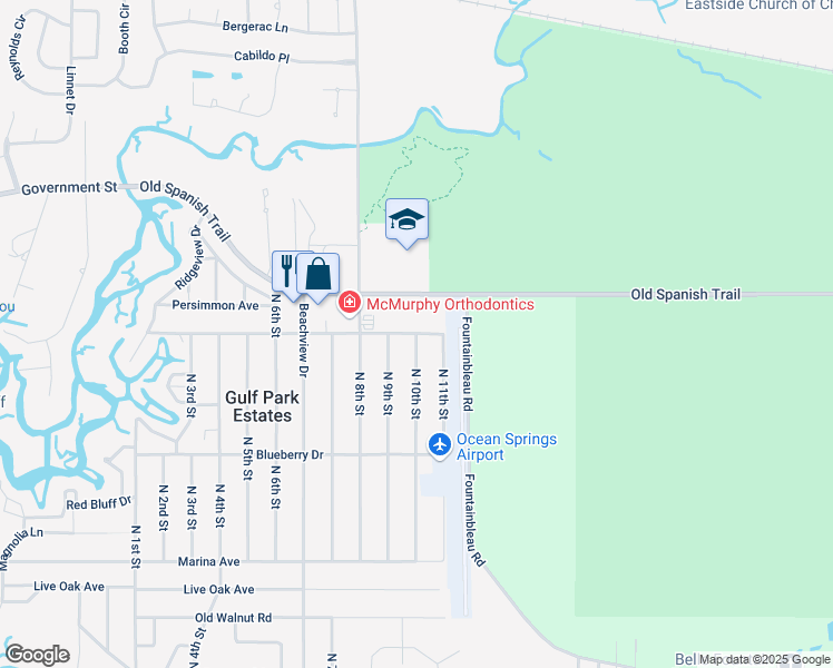 map of restaurants, bars, coffee shops, grocery stores, and more near 8700 Palmetto Drive in Ocean Springs