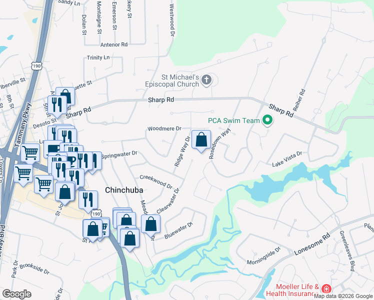 map of restaurants, bars, coffee shops, grocery stores, and more near 1316 Ridge Way Drive in Mandeville