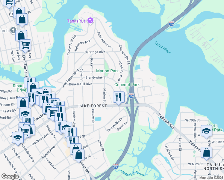 map of restaurants, bars, coffee shops, grocery stores, and more near 865 Bunker Hill Boulevard in Jacksonville