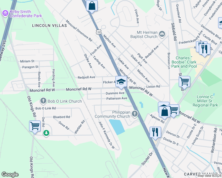 map of restaurants, bars, coffee shops, grocery stores, and more near 5911 Moncrief Road West in Jacksonville