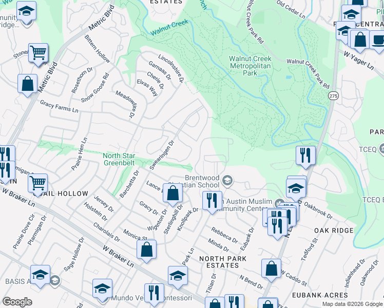 map of restaurants, bars, coffee shops, grocery stores, and more near 102 Swearingen Drive in Austin