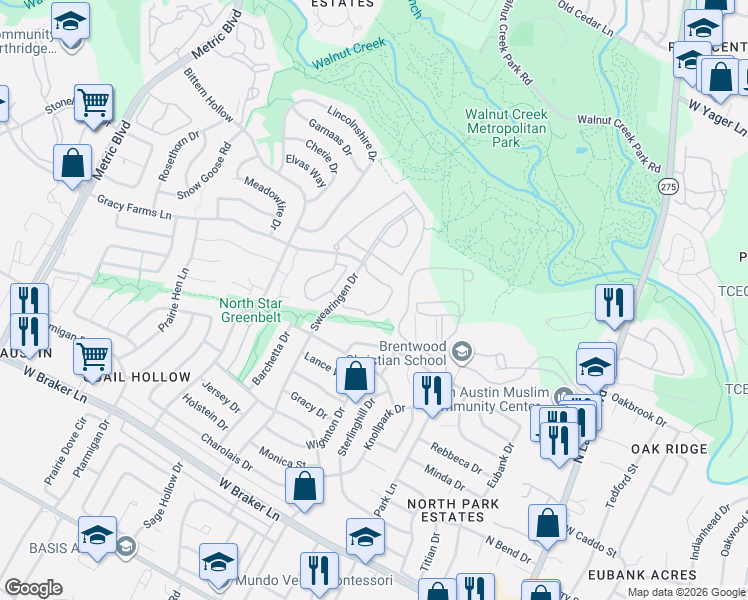 map of restaurants, bars, coffee shops, grocery stores, and more near 102 Swearingen Drive in Austin