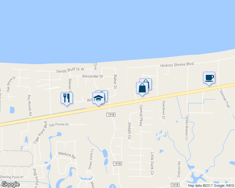 map of restaurants, bars, coffee shops, grocery stores, and more near 1576 Baltar Drive in Gulf Breeze