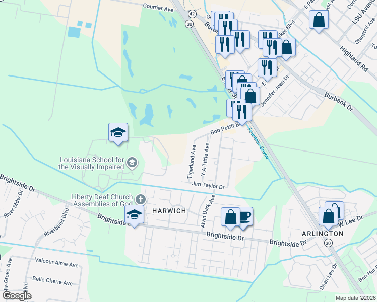 map of restaurants, bars, coffee shops, grocery stores, and more near 4544 Tigerland Avenue in Baton Rouge