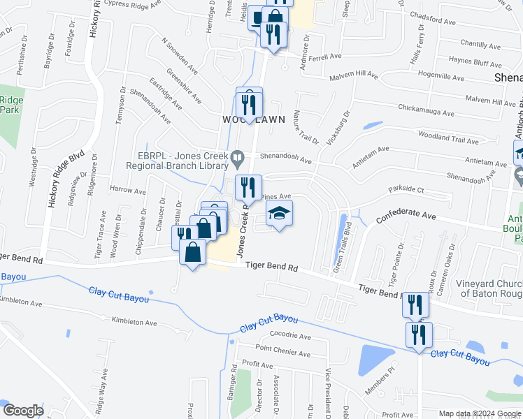 map of restaurants, bars, coffee shops, grocery stores, and more near 15023 Shenandoah View Court in Baton Rouge
