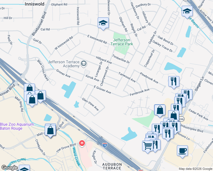 map of restaurants, bars, coffee shops, grocery stores, and more near 10230 Azrok Avenue in Baton Rouge