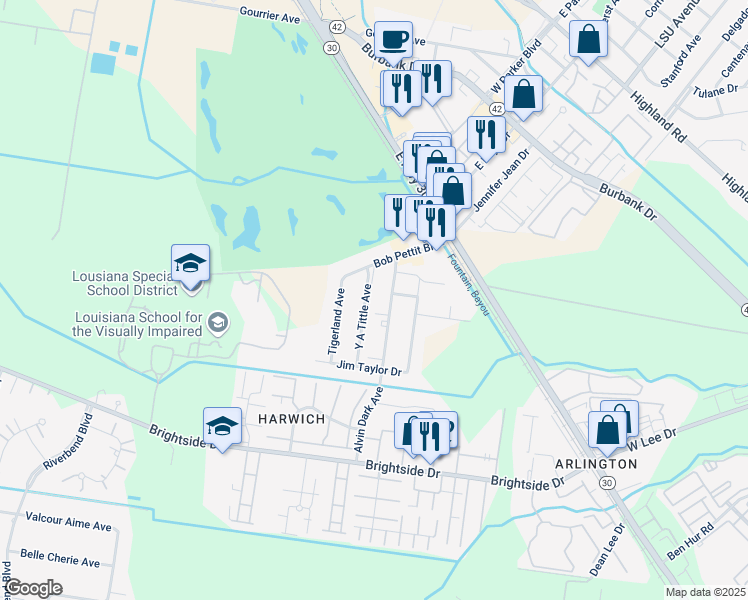 map of restaurants, bars, coffee shops, grocery stores, and more near 4513 Y A Tittle Avenue in Baton Rouge