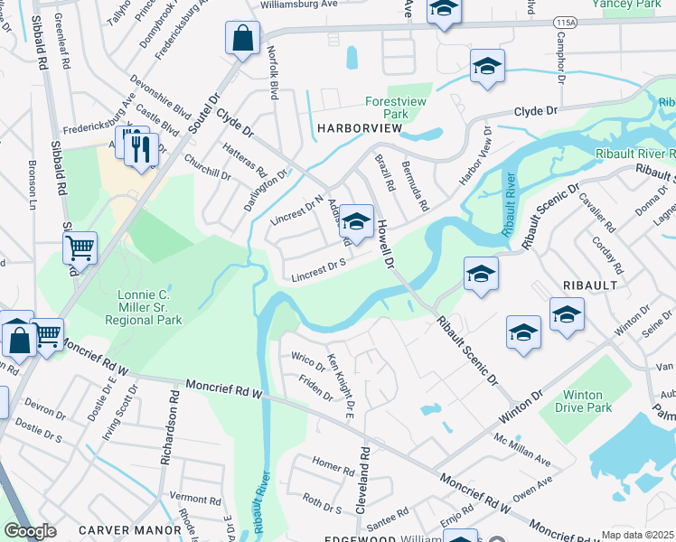 map of restaurants, bars, coffee shops, grocery stores, and more near 4534 Lincrest Drive South in Jacksonville