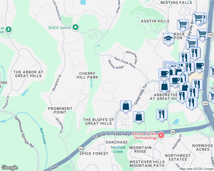 map of restaurants, bars, coffee shops, grocery stores, and more near 9307 Knoll Crest Loop in Austin