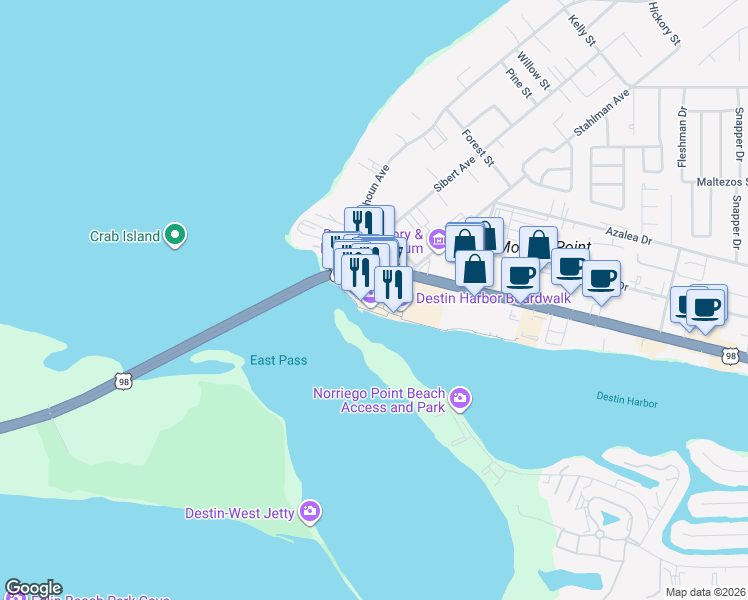 map of restaurants, bars, coffee shops, grocery stores, and more near 10 Harbor Boulevard in Destin