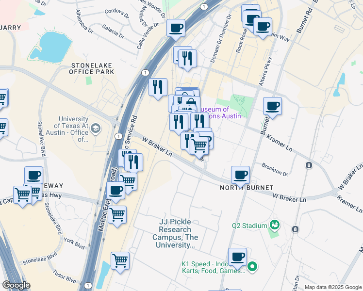 map of restaurants, bars, coffee shops, grocery stores, and more near 3211 Feathergrass Court in Austin
