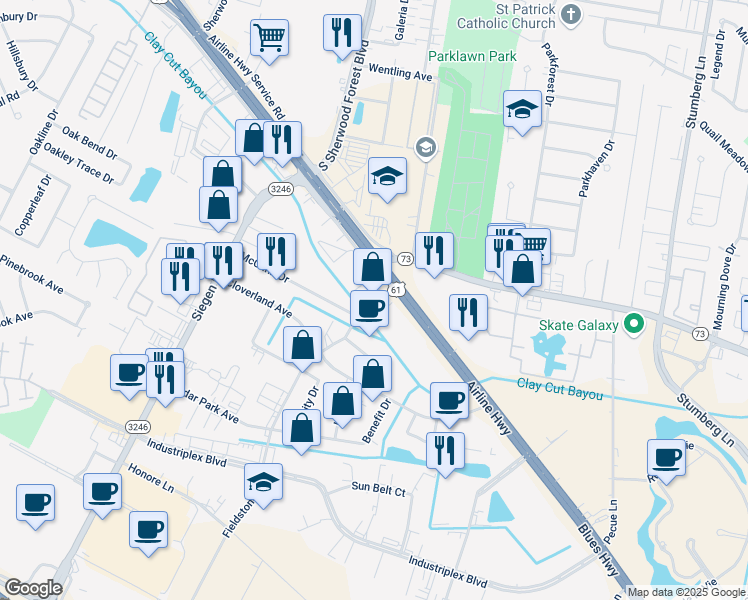 map of restaurants, bars, coffee shops, grocery stores, and more near 11730 Airline Highway in Baton Rouge