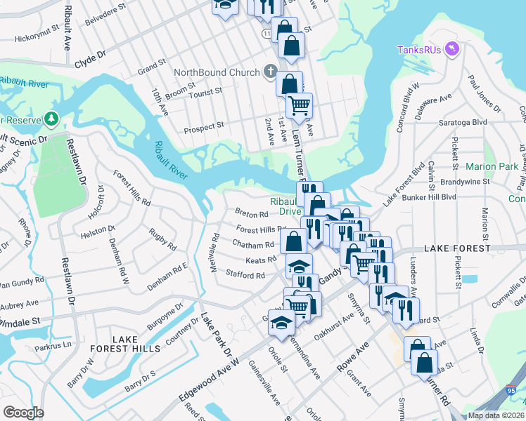 map of restaurants, bars, coffee shops, grocery stores, and more near 1469 Breton Road in Jacksonville