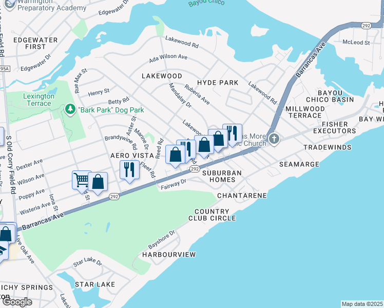 map of restaurants, bars, coffee shops, grocery stores, and more near 12 Milton Road in Pensacola