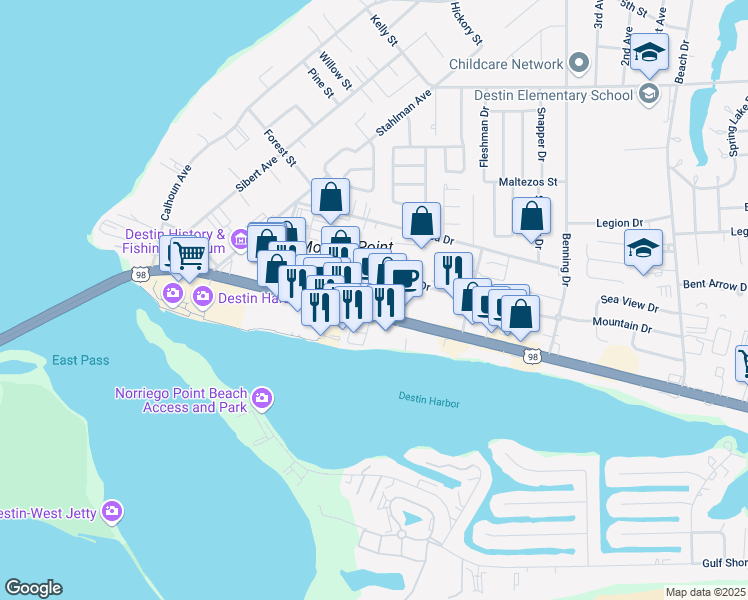 map of restaurants, bars, coffee shops, grocery stores, and more near 327 Harbor Boulevard in Destin