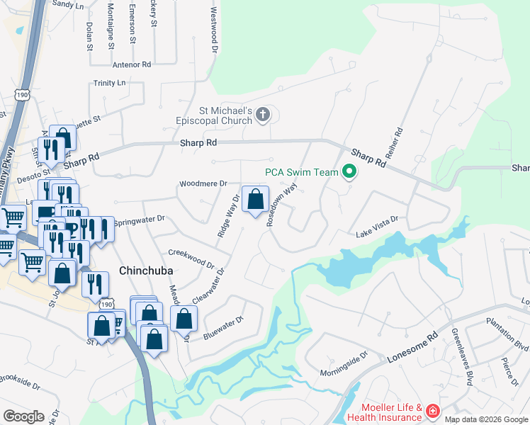 map of restaurants, bars, coffee shops, grocery stores, and more near 407 Rosedown Way in Mandeville