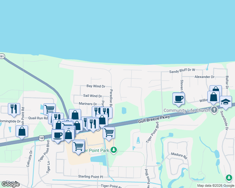 map of restaurants, bars, coffee shops, grocery stores, and more near 1518 Oak Shore Drive in Gulf Breeze