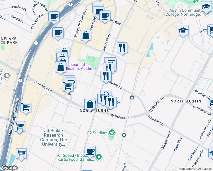 map of restaurants, bars, coffee shops, grocery stores, and more near 11005 Burnet Road in Austin