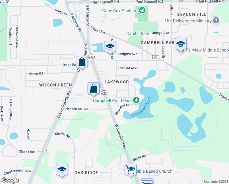 map of restaurants, bars, coffee shops, grocery stores, and more near 3608 South Lakewood Drive in Tallahassee