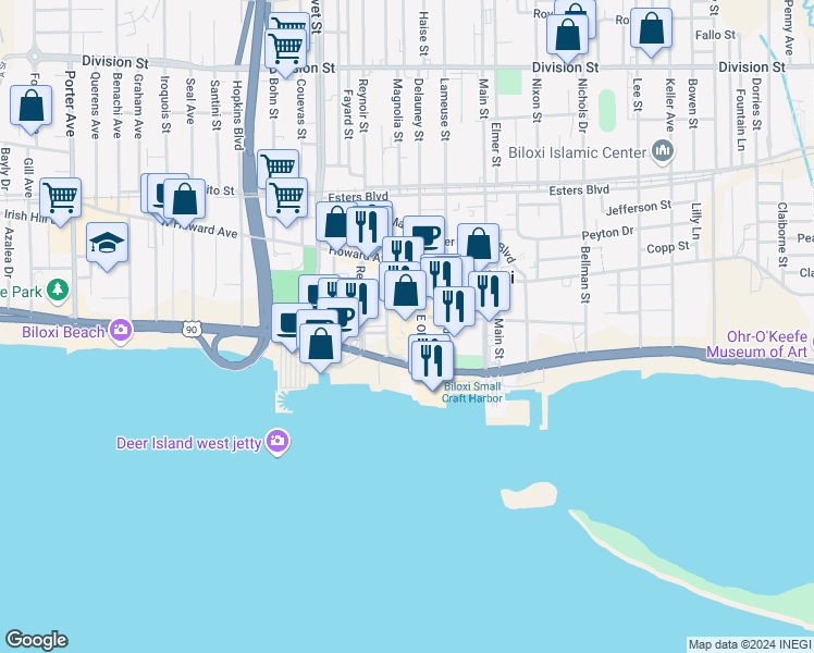map of restaurants, bars, coffee shops, grocery stores, and more near 110 Rue Magnolia in Biloxi
