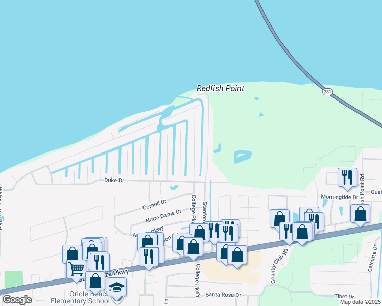 map of restaurants, bars, coffee shops, grocery stores, and more near 1635 College Parkway in Gulf Breeze