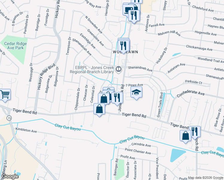map of restaurants, bars, coffee shops, grocery stores, and more near 6444 Jones Creek Road in Baton Rouge