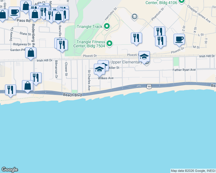 map of restaurants, bars, coffee shops, grocery stores, and more near 1502 Beach Boulevard in Biloxi