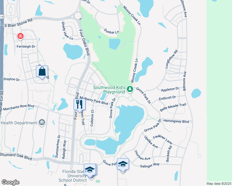 map of restaurants, bars, coffee shops, grocery stores, and more near 3756 Grove Park Drive in Tallahassee