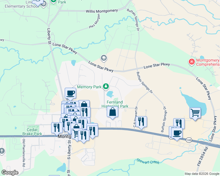 map of restaurants, bars, coffee shops, grocery stores, and more near 164 Racetrack Lane in Montgomery