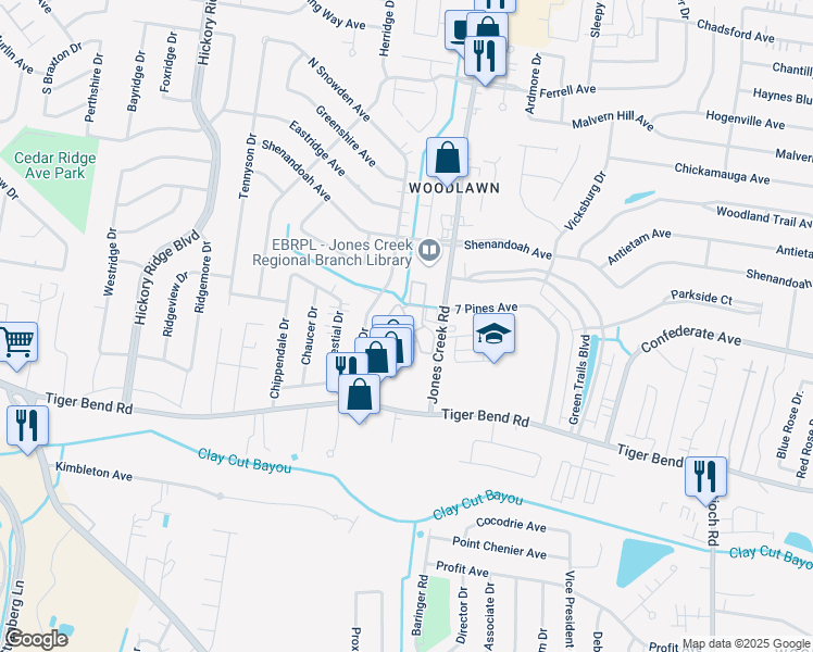 map of restaurants, bars, coffee shops, grocery stores, and more near 6444 Jones Creek Road in Baton Rouge