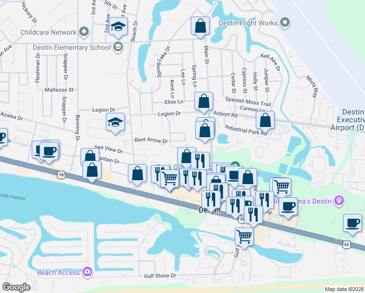 map of restaurants, bars, coffee shops, grocery stores, and more near 46 Indian Oaks Drive in Destin