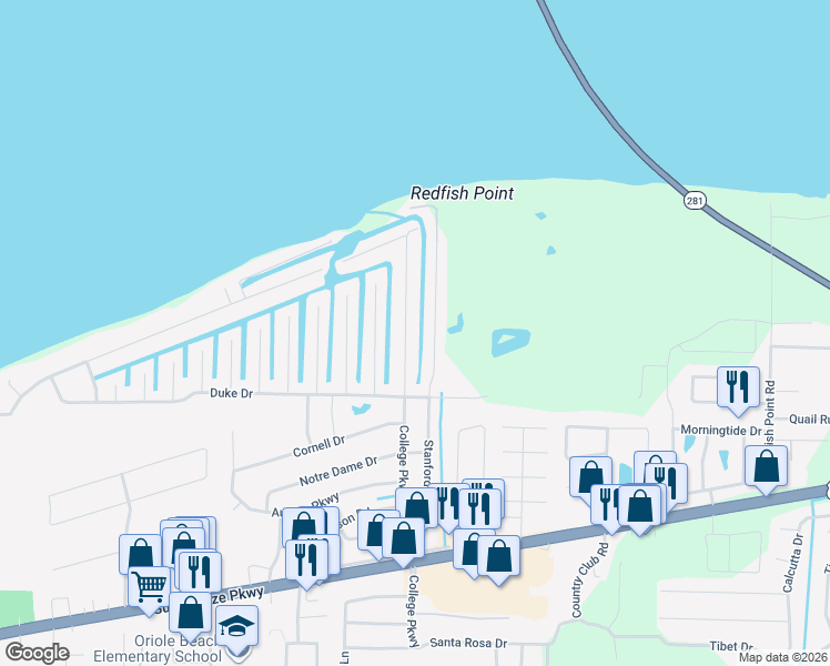 map of restaurants, bars, coffee shops, grocery stores, and more near 1636 College Parkway in Gulf Breeze