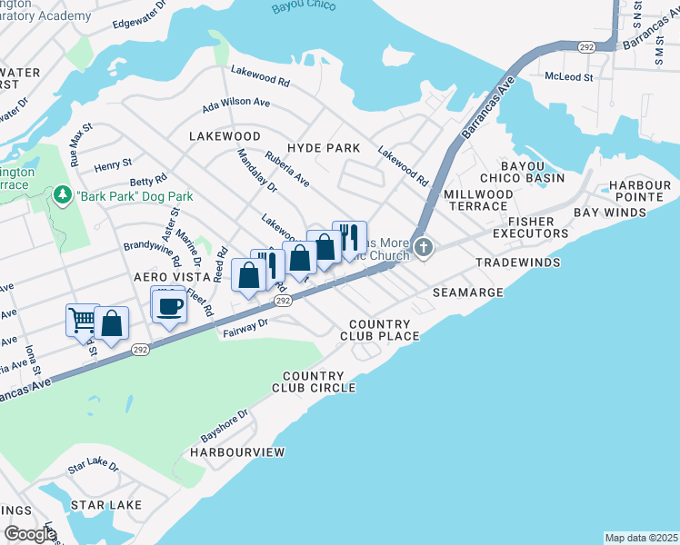 map of restaurants, bars, coffee shops, grocery stores, and more near 3420 Barrancas Avenue in Pensacola