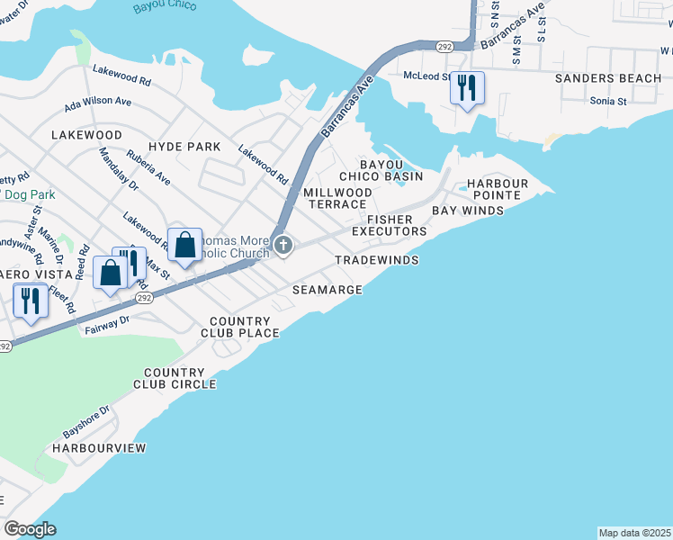 map of restaurants, bars, coffee shops, grocery stores, and more near 411 Bayshore Drive in Pensacola